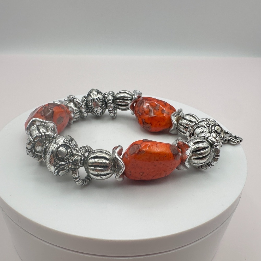 Vintage Y2K Orange Beaded Stretch Bracelet Silver Tone Chunky Statement Jewelry